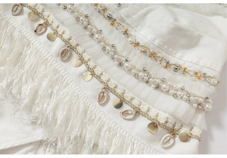 Baroque Bead Details Fringe Hem Black/White Crossover Design Strapless Top