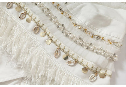 Baroque Bead Details Fringe Hem Black/White Crossover Design Strapless Top