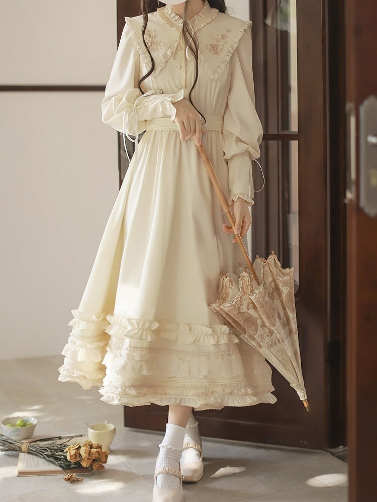 Floral Embroidery Collar Lace-up Detail Apricot Vintage Leg-of-Mutton Sleeves Dress