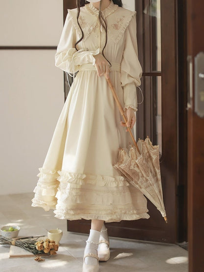 Floral Embroidery Collar Lace-up Detail Apricot Vintage Leg-of-Mutton Sleeves Dress