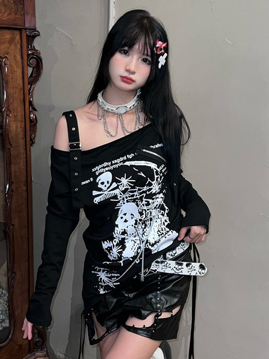 White Off-the-shoulder Neckline Skeleton Print Punk Top