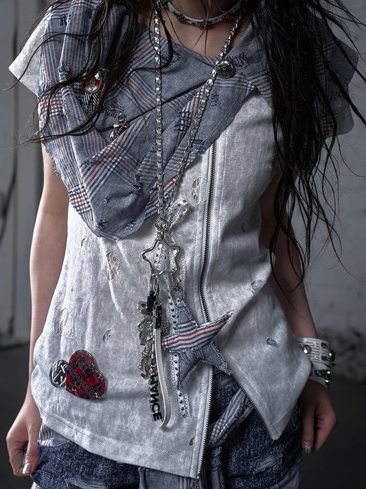 Punk Rock Skeleton and Star Charm White Necklace Keychain