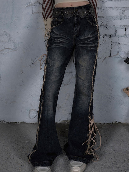 Dark Blue Wasteland Punk Raw Hem Lace-up Detail Fishtail Jeans