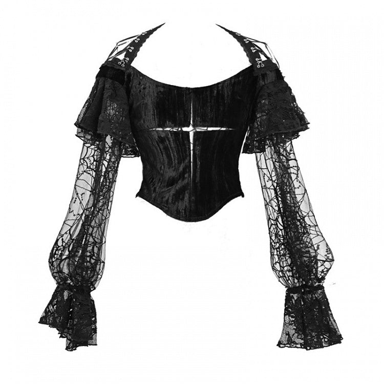 Halloween Gothic Black Cropped Velvet Top Bishop Lace Sleeves