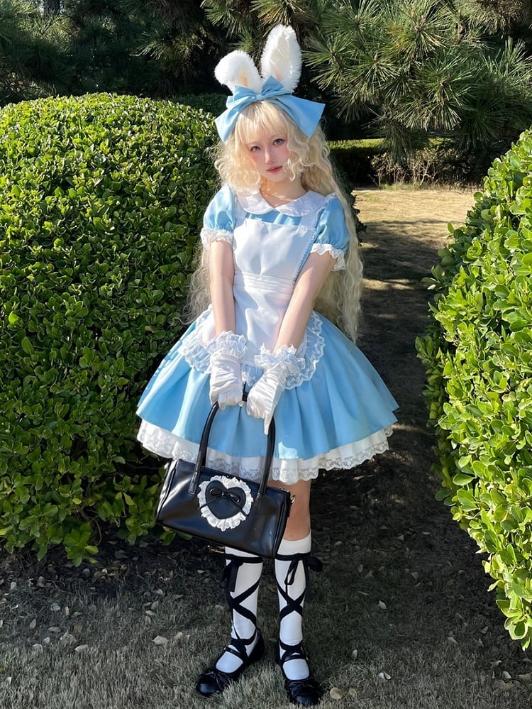 Plus Size Friendly Blue Short Version Maid One Piece + Apron Alice in Wonderland Vibes
