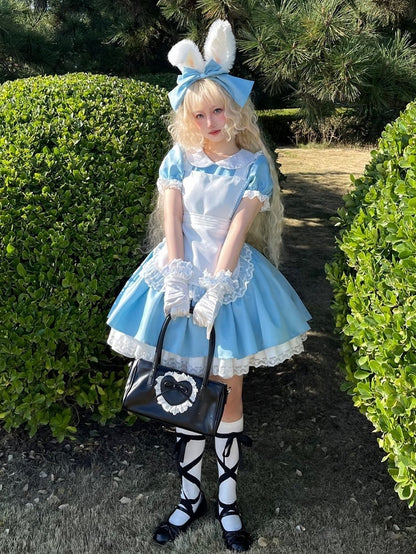Plus Size Friendly Blue Short Version Maid One Piece + Apron Alice in Wonderland Vibes