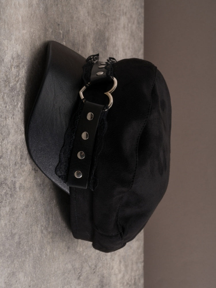 Black Gothic Heart Ring Studs Details Lace Trim Beret Hat