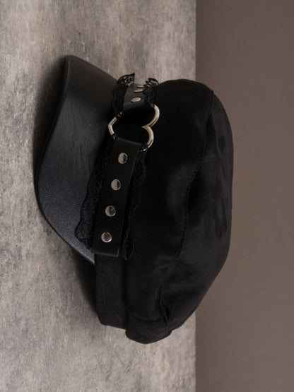 Black Gothic Heart Ring Studs Details Lace Trim Beret Hat