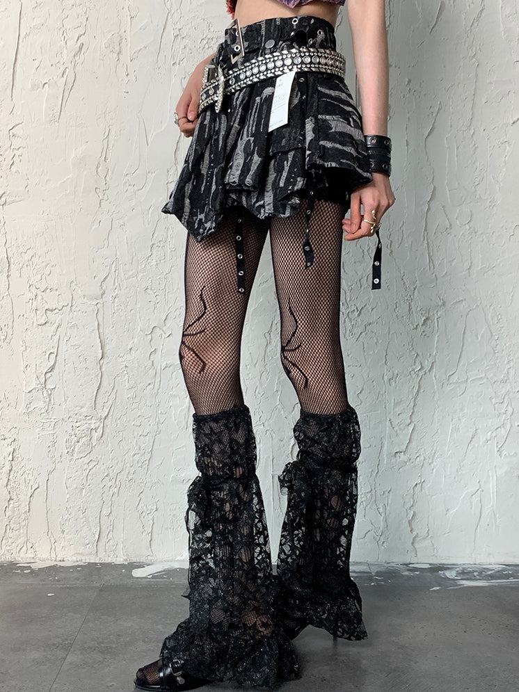 Black Y2K Star Pattern Self-tie Strap Lace Trim Leg Sleeves