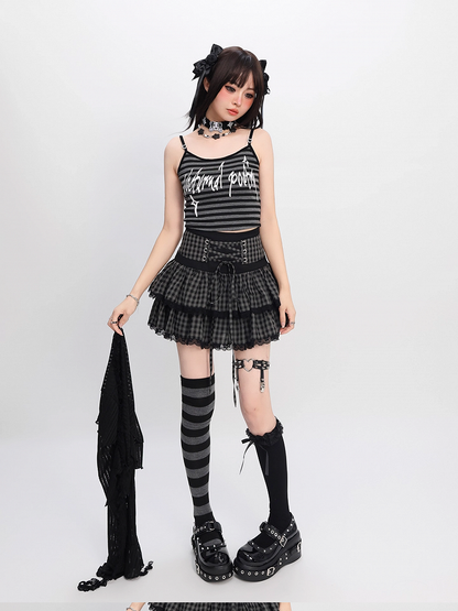 Black and Gray Plaid Lace-up Waist Tiered Skirt