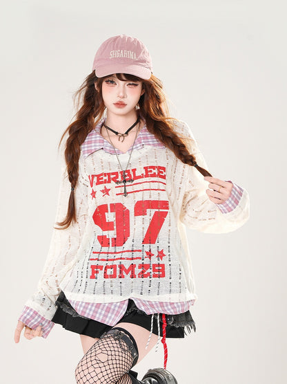 Plaid Hem Gray/White Distressed Holes Coverup Faux Two-pieces