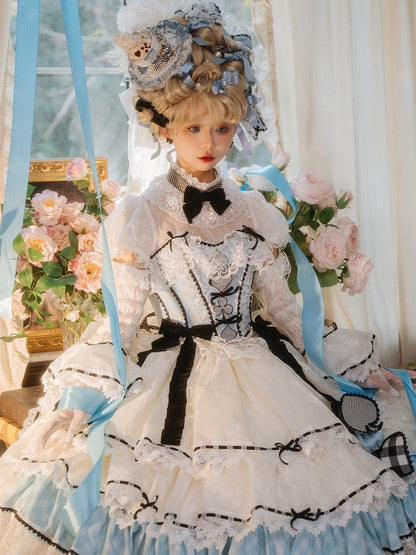 Beige and Black Puff Sleeves Lace Blouse with Detachable Sleeves