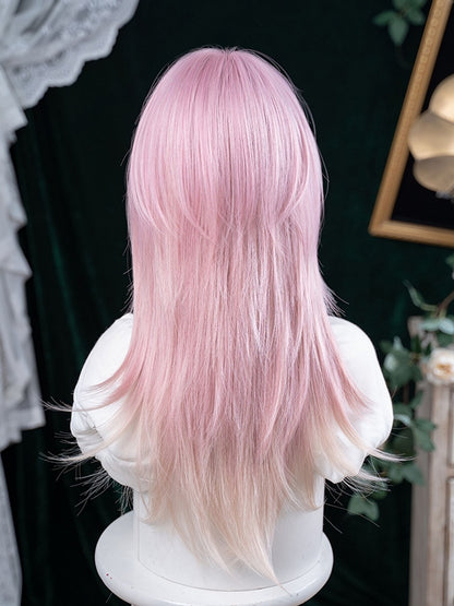Pink Ombre Hair Color 68CM Length Straight Wig With Air Bangs
