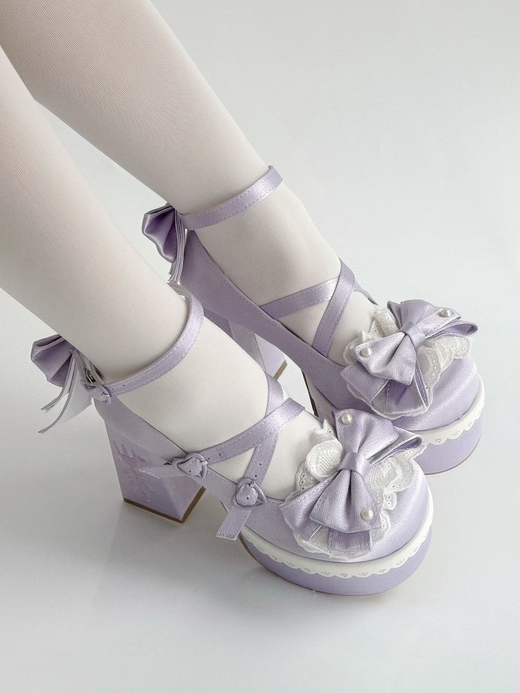 Purple Lolita Lace Bowknot Buckle Straps Fork Embroidery Platform Block High Heels