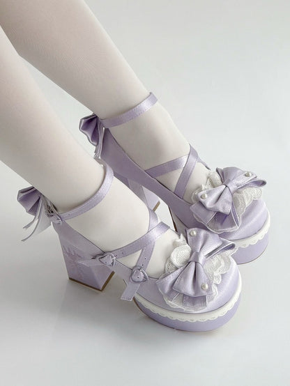 Purple Lolita Lace Bowknot Buckle Straps Fork Embroidery Platform Block High Heels