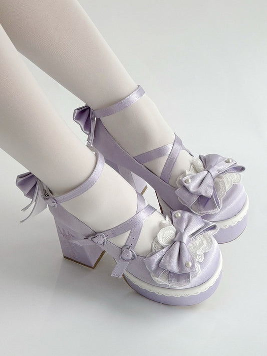 Purple Lolita Lace Bowknot Buckle Straps Fork Embroidery Platform Block High Heels