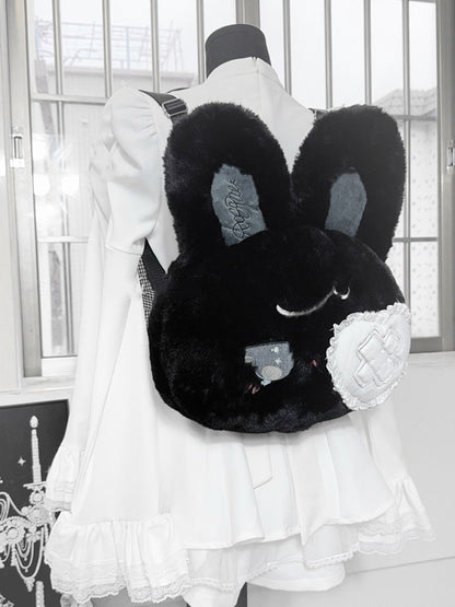 Kawaii Black / White Plush Bunny Backpack with Bendable Ears & Heart Eye Patch Design