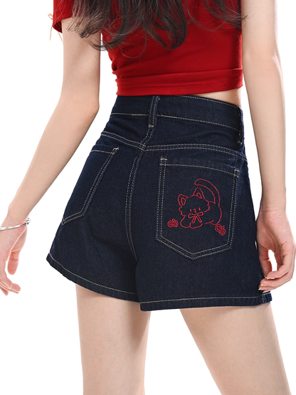 Kitty Embroidery Back Blue Wide-leg Denim Shorts