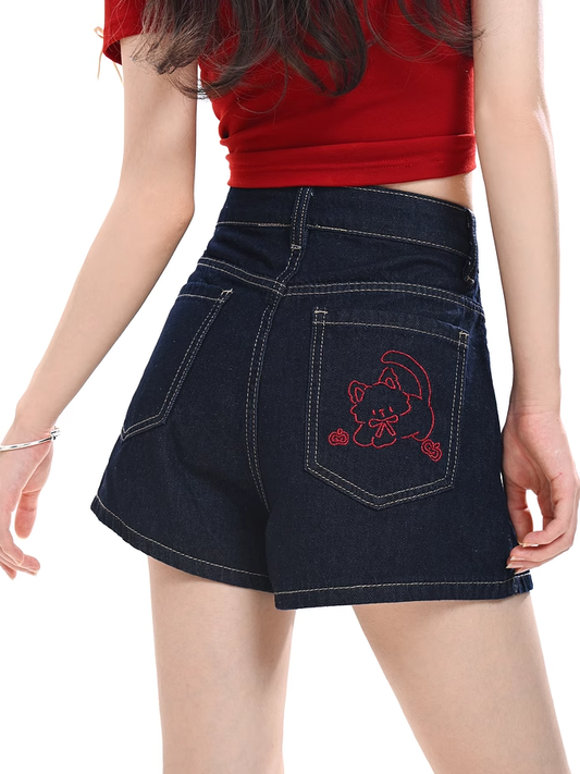Kitty Embroidery Back Blue Wide-leg Denim Shorts
