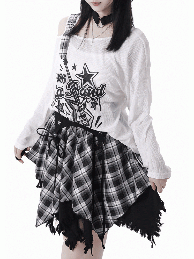 Frayed Handkerchief Hem Blue & White /Black & White Plaid Skirt