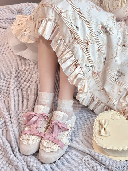 Pink Sweet Lolita Balletcore Front Lace-up Ties Lace Trim Sneakers