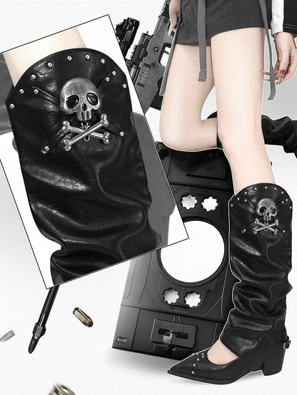 Black Pointed Toe Gothic Block Heels with Skeleton Decorated Leg Warmers