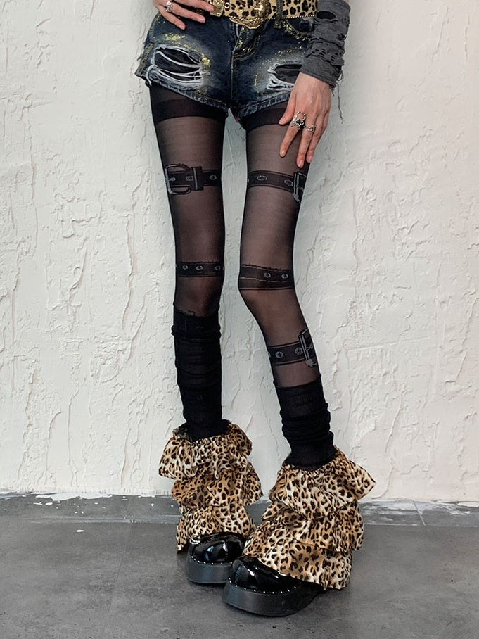 Black Punk Buckle Print Tights
