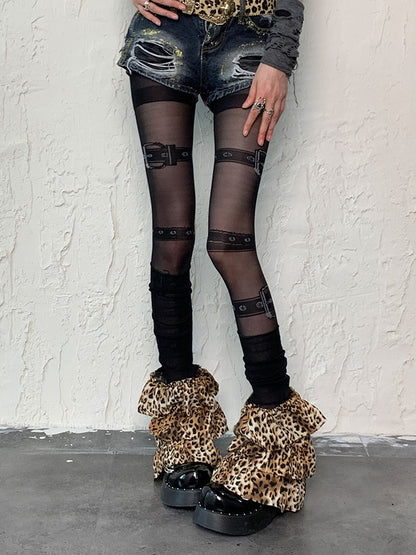 Black Punk Buckle Print Tights