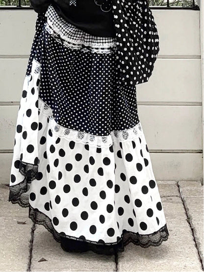 Black & White Polka Dot Panelled Maxi Skirt with Lace Trim