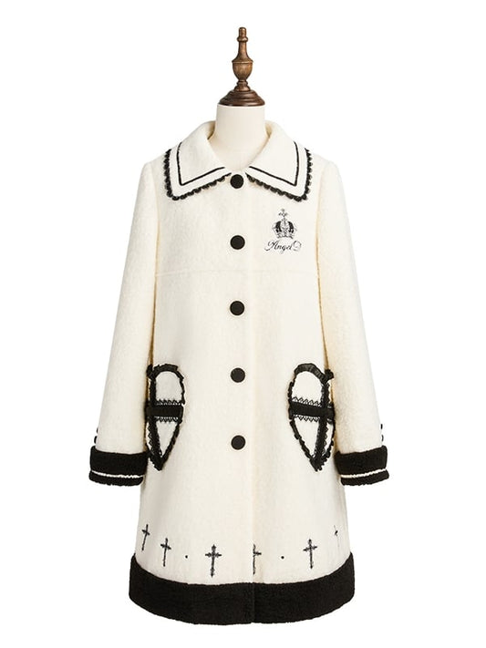 Heart-shaped Pockets White Woolen Coat with Black Embroidery Detail