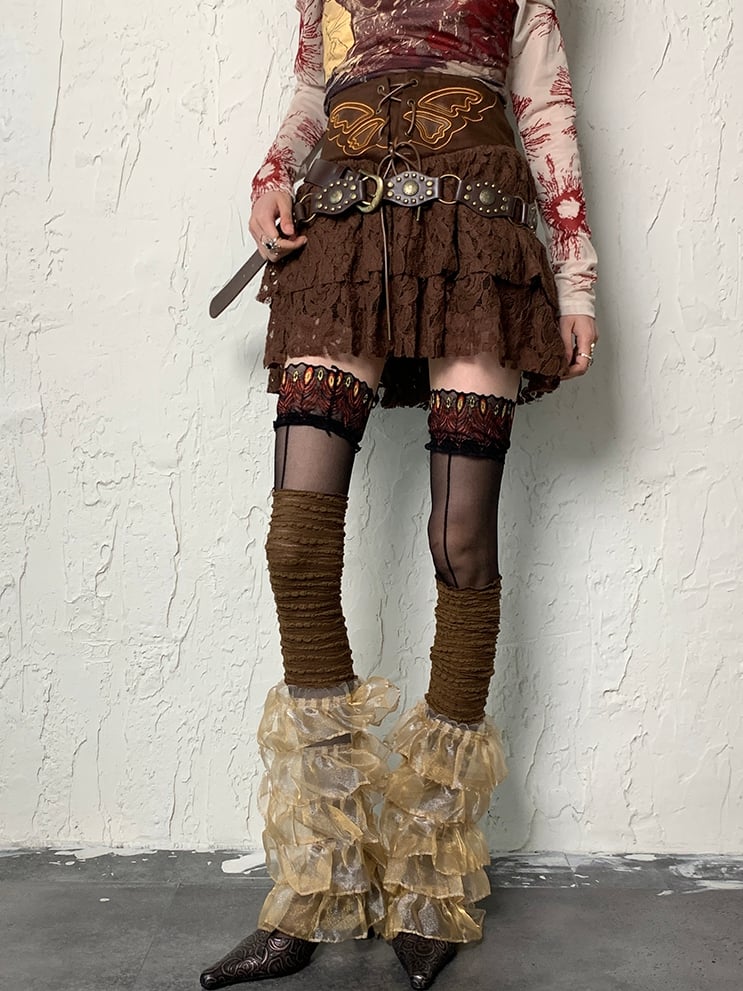 Brown Wasteland Punk Multi-layered Lace Trim Leg Sleeves