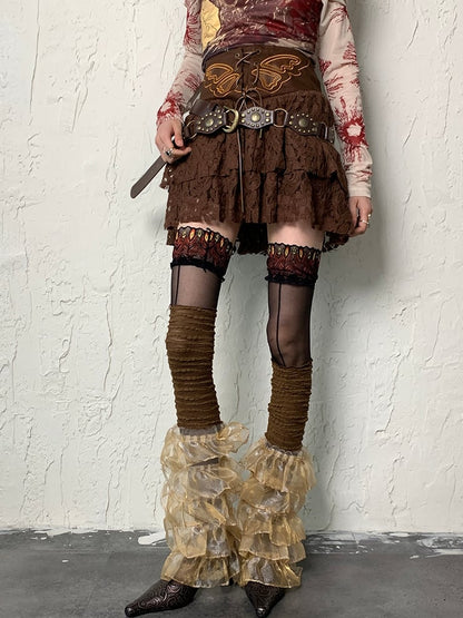 Brown Wasteland Punk Multi-layered Lace Trim Leg Sleeves