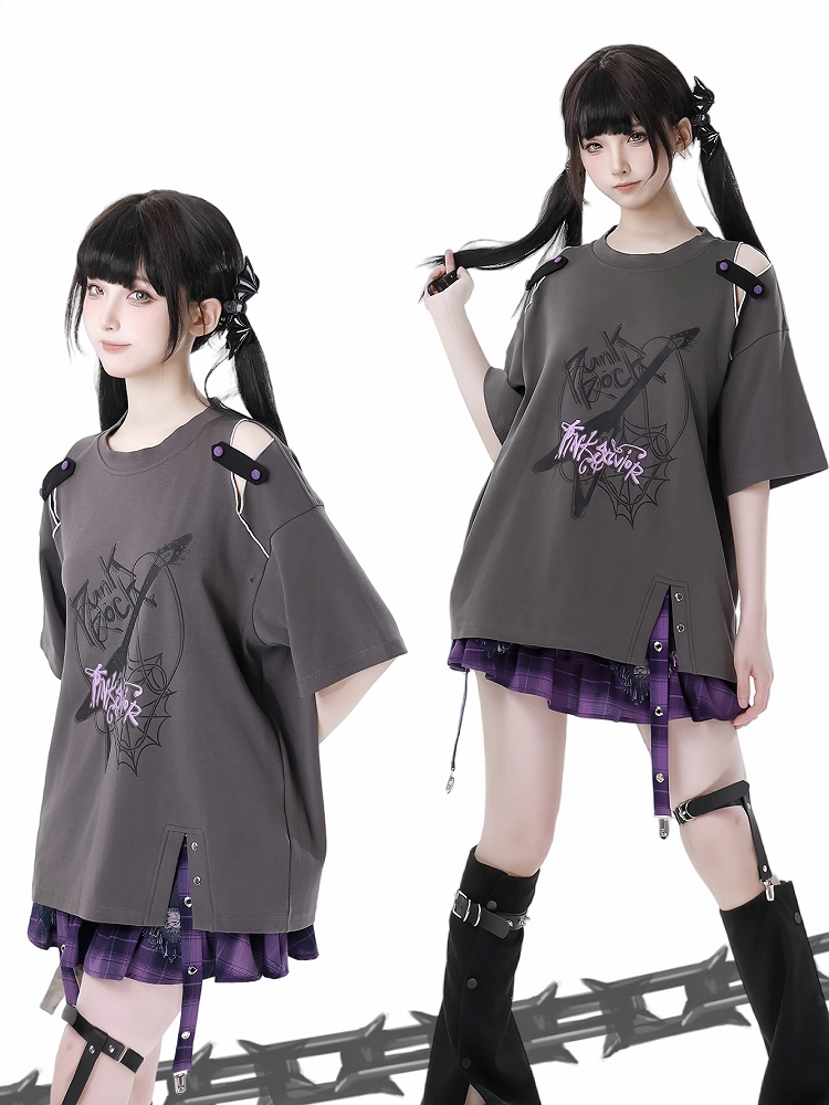 Dusty Gray Cutout Shoulder Slit Hem Punk Rock Graphic T-Shirt