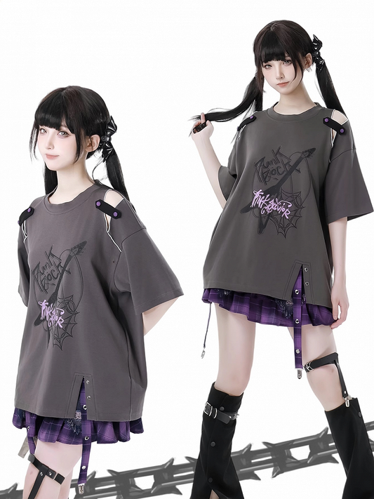 Dusty Gray Cutout Shoulder Slit Hem Punk Rock Graphic T-Shirt