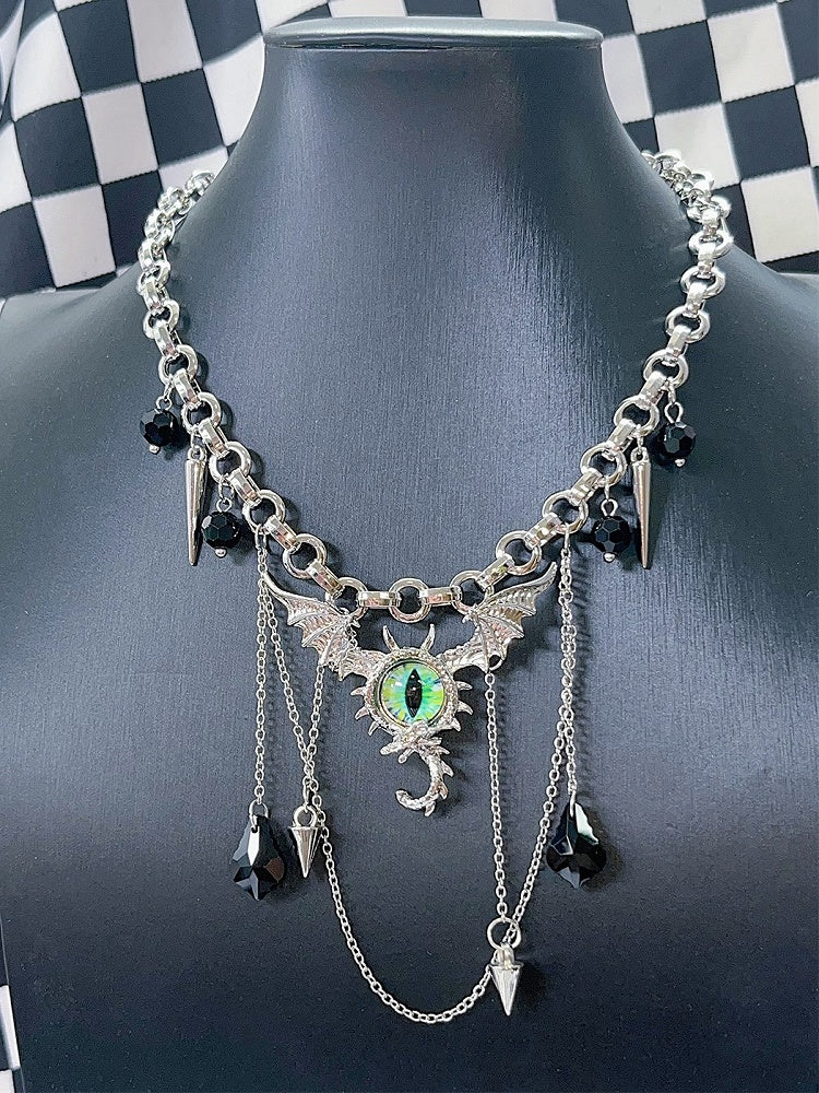 Silver Y2K Punk Evil Eye Necklace With Black Rhinestone Pendant