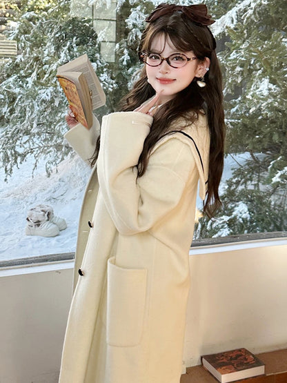 Plus Size Milk White Sailor Collar Heart Buttons Woolen Coat