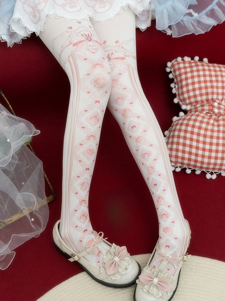 Red/Pink/Blue/Black/Yellow Bowknot And Floral Print Tights