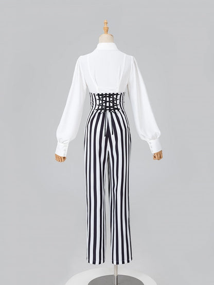 Ouji Fashion Clown Vibes Corset Belt High Waist Black and White Striped Pants