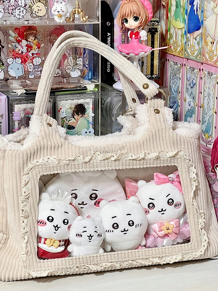 Beige Corduroy Lace Trim Daily Ita bag with Card Holder Charm