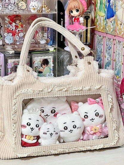 Beige Corduroy Lace Trim Daily Ita bag with Card Holder Charm