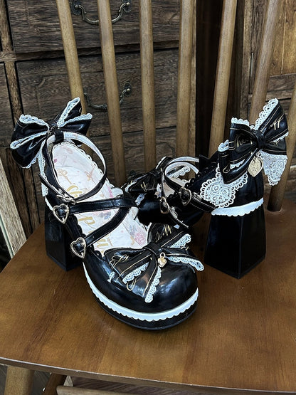 Black Crisscross Design Heart Buckles Detachable Bow at Top High Block Heels