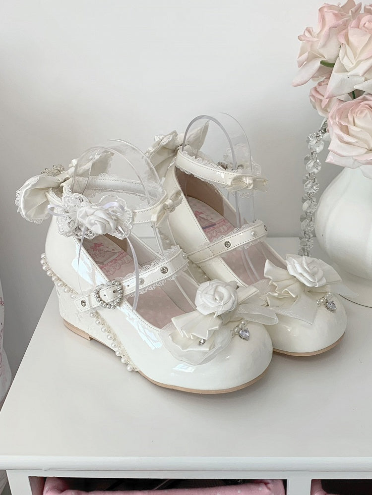 Elegant White Lolita Wedge Mary Janes - Detachable Rose Details with Bow Accents & Beads Decor