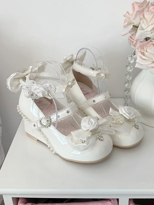 Elegant White Lolita Wedge Mary Janes - Detachable Rose Details with Bow Accents & Beads Decor