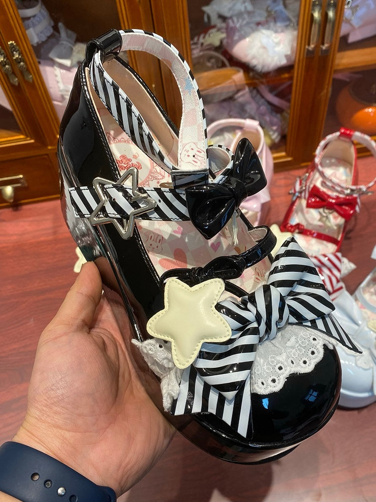 Black Striped Pattern Bowknot Details Star Buckle Straps Lolita Platforms
