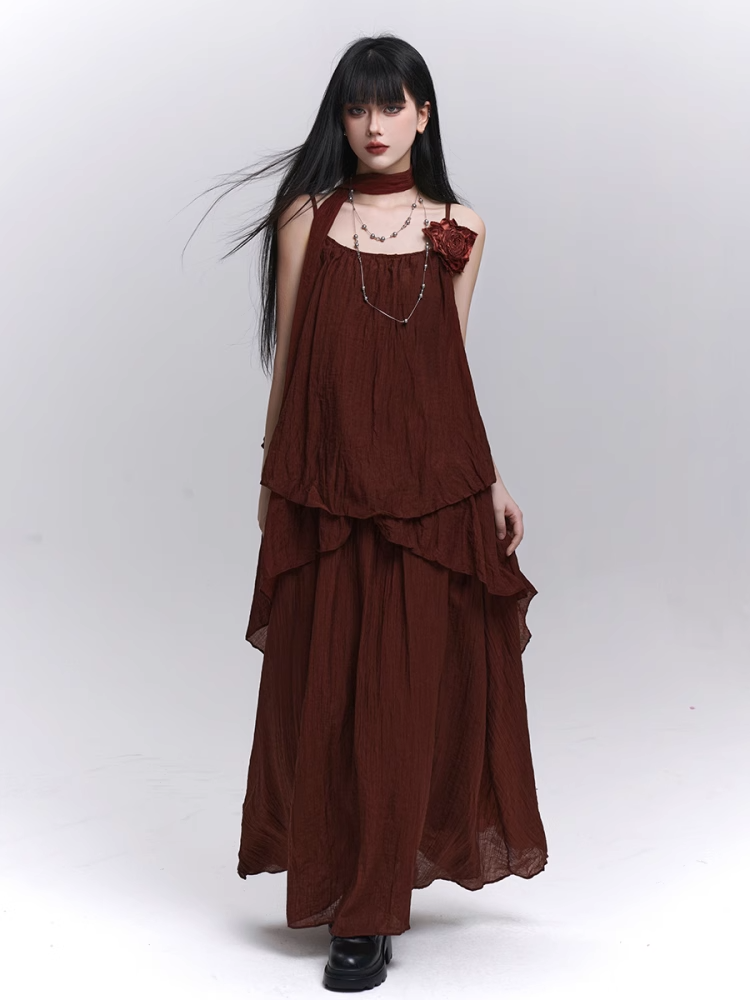 Wine Red Floral Embellished Cami Top with Scarf / Elastic Waist Skirt