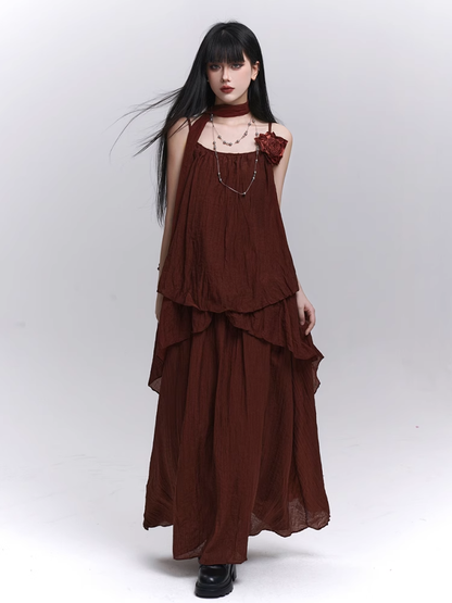 Wine Red Floral Embellished Cami Top with Scarf / Elastic Waist Skirt