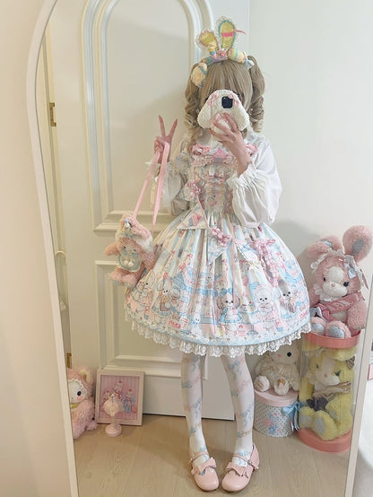 Puppy's Afternoon Tea Print Light Yellow Sweet Lolita Dress with Flags Ribbon