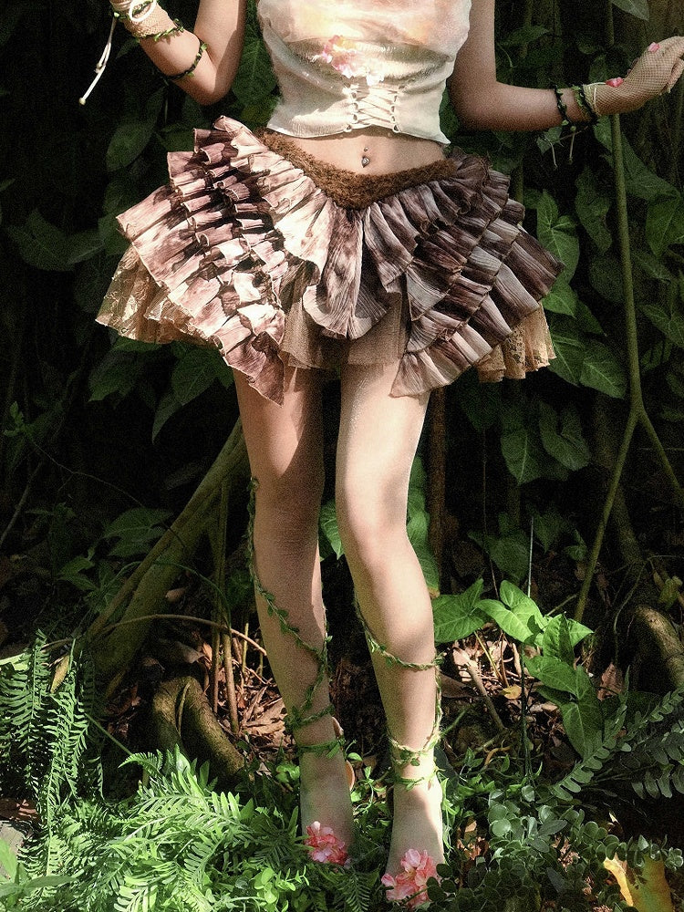 Brown Low Waist Fairy Goth Tie Dye Tiered Ruffles Skirt with Shorts Lining