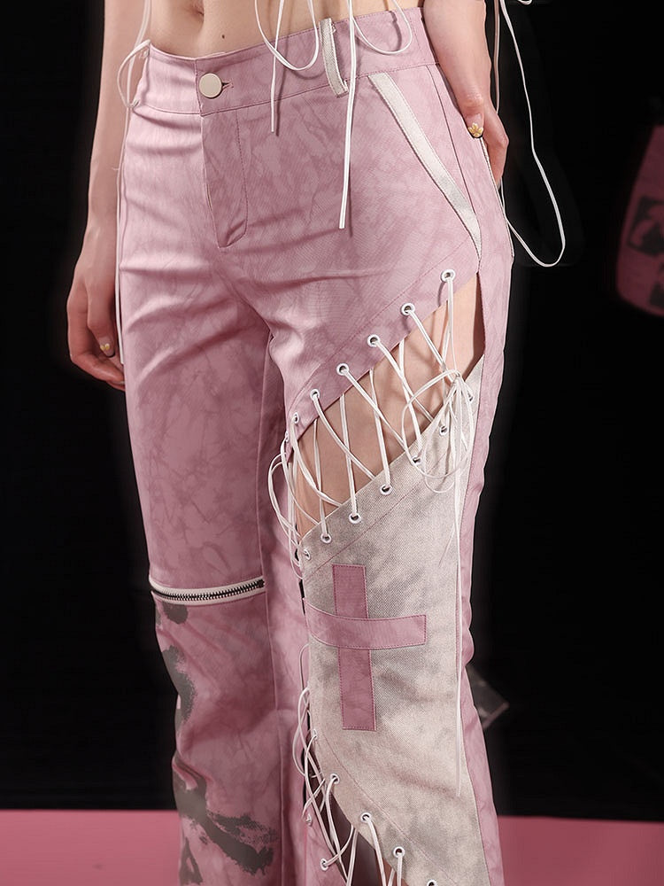 Lace-up Detail Dusty Pink Asymmetrical Flared Pants