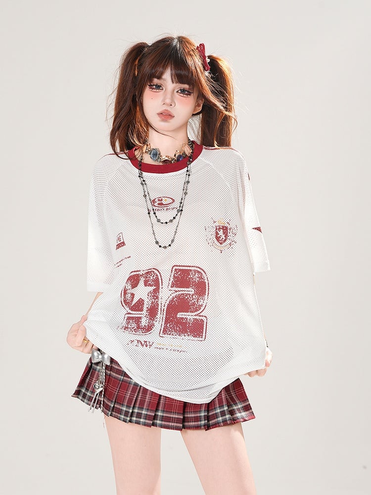 White Round Neck Number Print Hollow-out T-shirt
